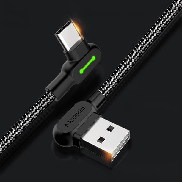 Cable de datos tipo C de doble codo con luz para teléfono móvil Huawei Android, cable de carga de nailon trenzado
