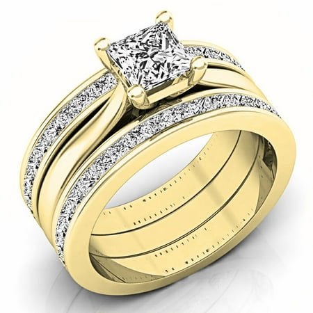 2.05 Carat (ctw) 10K Yellow Gold Princess Cut White Diamond Ladies Bridal Engagement Ring Matching Band Set 2 CT
