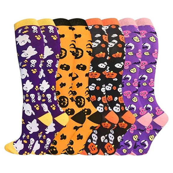 Halloween Compression Socks for Women & Men(4 Pairs) - Best Support for Medical, Circulation, Nurses, Running, Travel, Knee High Half Cushioned Athletic Running Socks | Fun Running Socks S/M