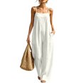 thumbnail image 3 of Women's Linen-Blend Sleeveless Jumpsuit - Spaghetti Strap Wide Leg Romper with Pockets, Loose Fit Casual One-Piece for Spring & Summer White XL, 3 of 5