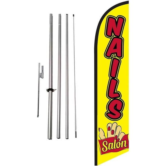 Nails Salon Feather Banner Swooper Flag Set with 15 Foot Flag Pole Kit and Ground Stake Base, Red and Yellow Sign
