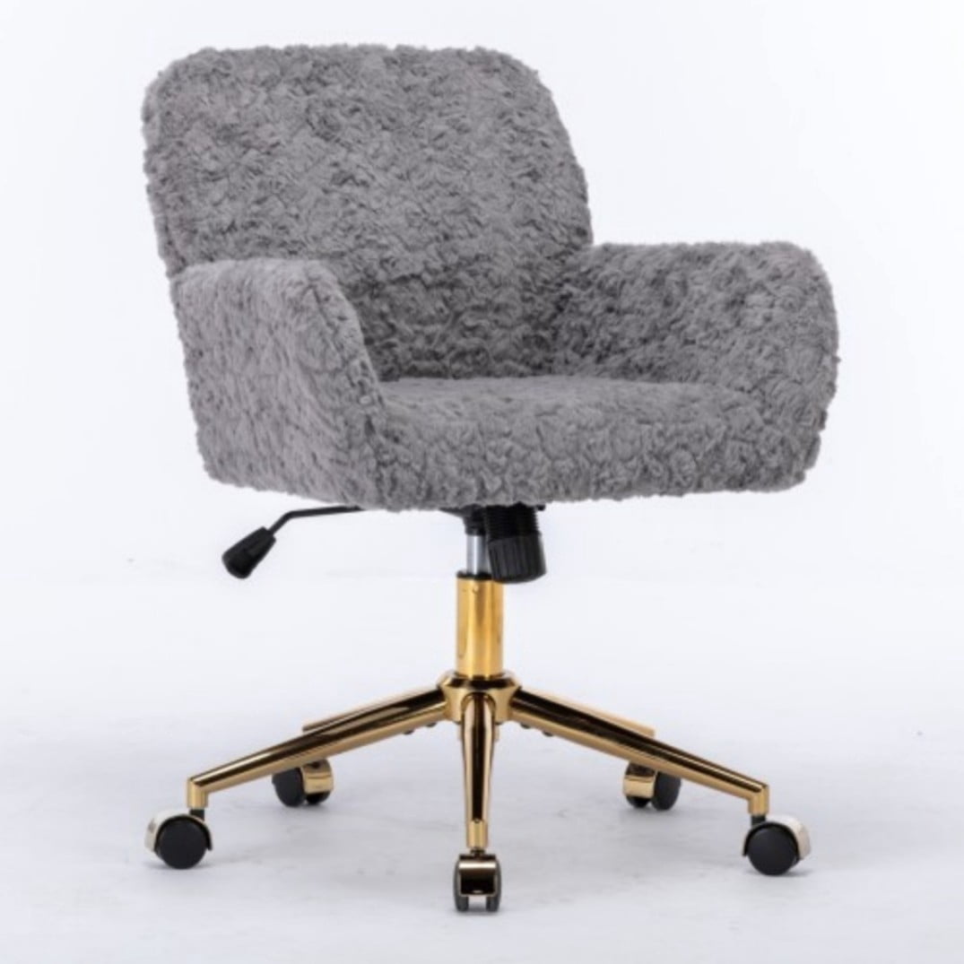 Office Chair, Faux Rabbit Fur Home Office Desk Chair with Golden Metal Base, Adjustable Height, 360° Swivel Reclining Vanity Chair, Gray