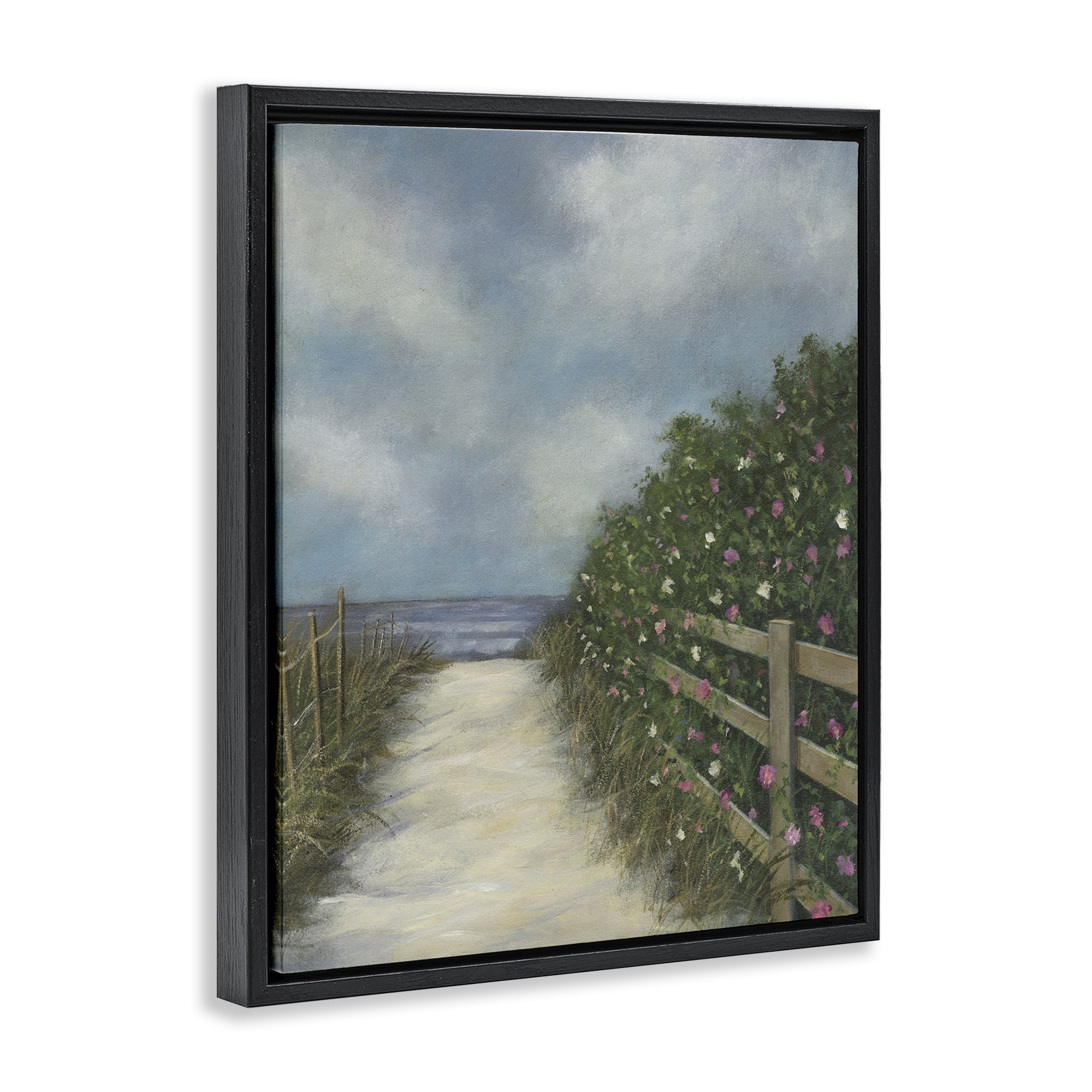 Stupell Industries Floral Lined Beach Path Landscape Painting Black Floater Framed Canvas Art Print Wall Art, 17 x 21