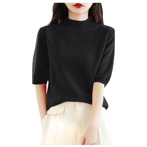 TTUHYWXI Women's Summer Scalloped Short Sleeve Tops Textured Shirts (Black, L)