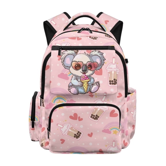 HUIACONG Pink Koala Bubble Tea Print School Backpack for Girls Age 5-16 Water Resistant Multi Pockets Adjustable Padded Straps Large Capacity Lightweight Bookbag for School Travel Daily Use