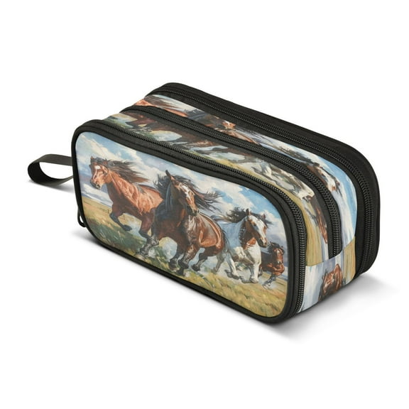 ALAZA Horses Running Pencil Case Bag 3 Compartment Pen Pouch Large Storage Holder Box Organizer