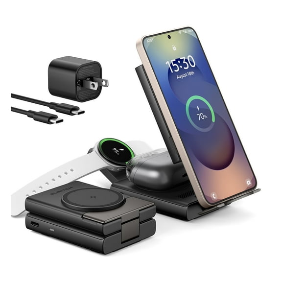 Suritch 3 in 1 Charging Station for Samsung Galaxy S25 S24 S23 S22 S21, Wireless Charger for Galaxy Watch and Buds, Black