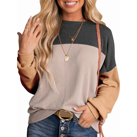 Womens Fashion Color Block Long Sleeve Crewneck Knitted Casual Loose Pullover Shirts Tops