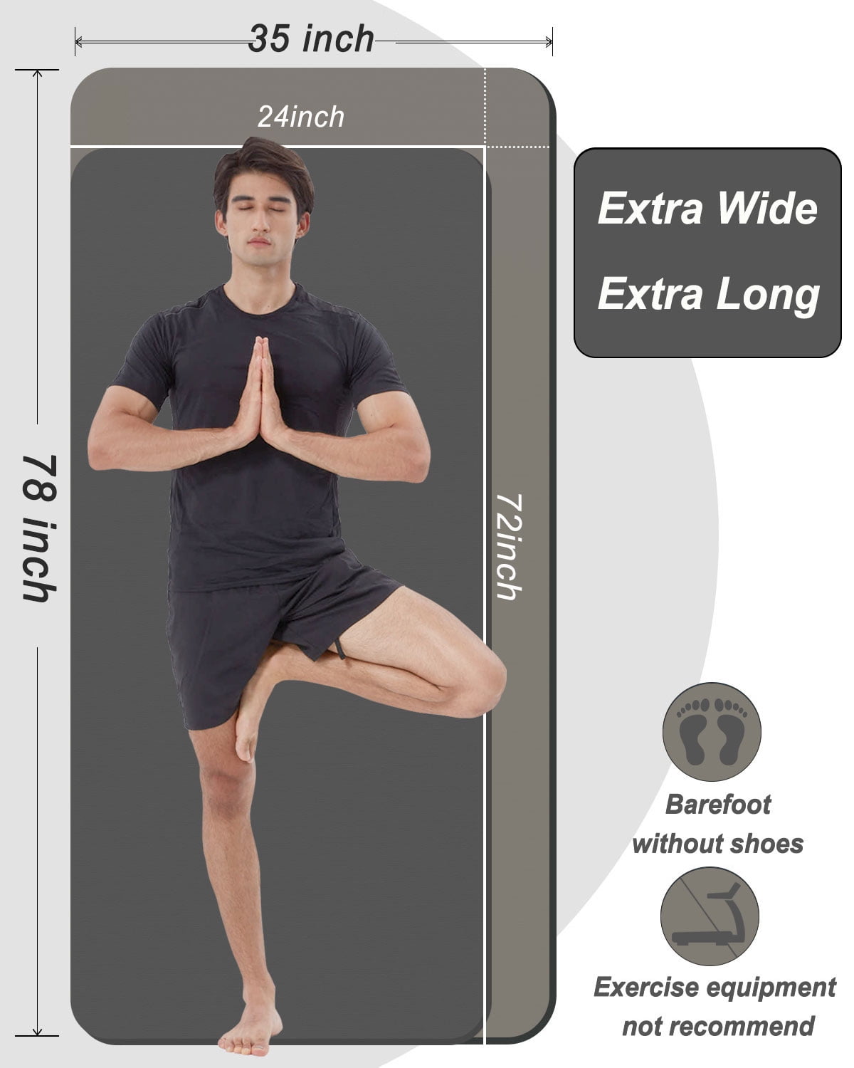 YR Thick Yoga Mat 10mm NBR 78"x35" Wide Exercise Workout Mats Large for Home Gym Floor Fitness Pad, Gray