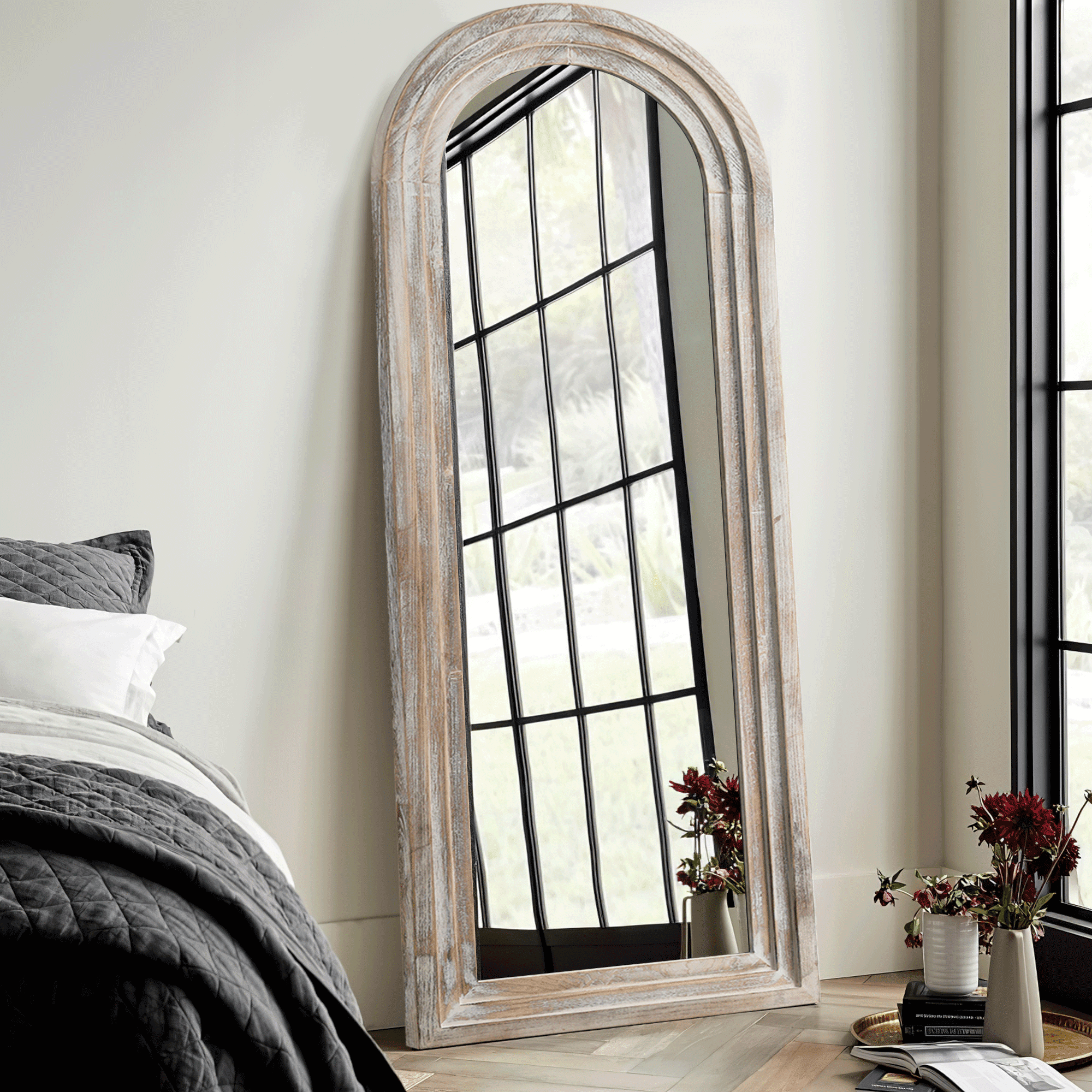 MAYEERTY 64×21in Modern Solid Wood Frame Arched Full Length Mirror with Tempered Glass, Weathered White