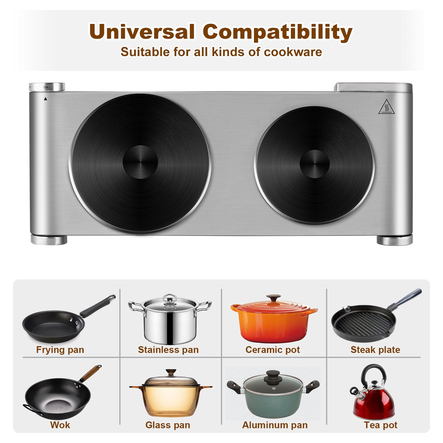 Cusimax 1800W Stainless Steel Electric Hot Plate Double Burner For Coking,Cast Iron Countertop Cooktop(Silver)