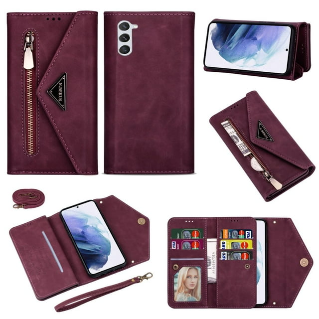For Samsung Galaxy S23 Wallet Case,Women/Men A Multi-Card Slot Card Holder Premium Folio Flip Leather Protective Zipper Pocket Purse Wallet Case With Hand Strap and Shoulder Strap Case