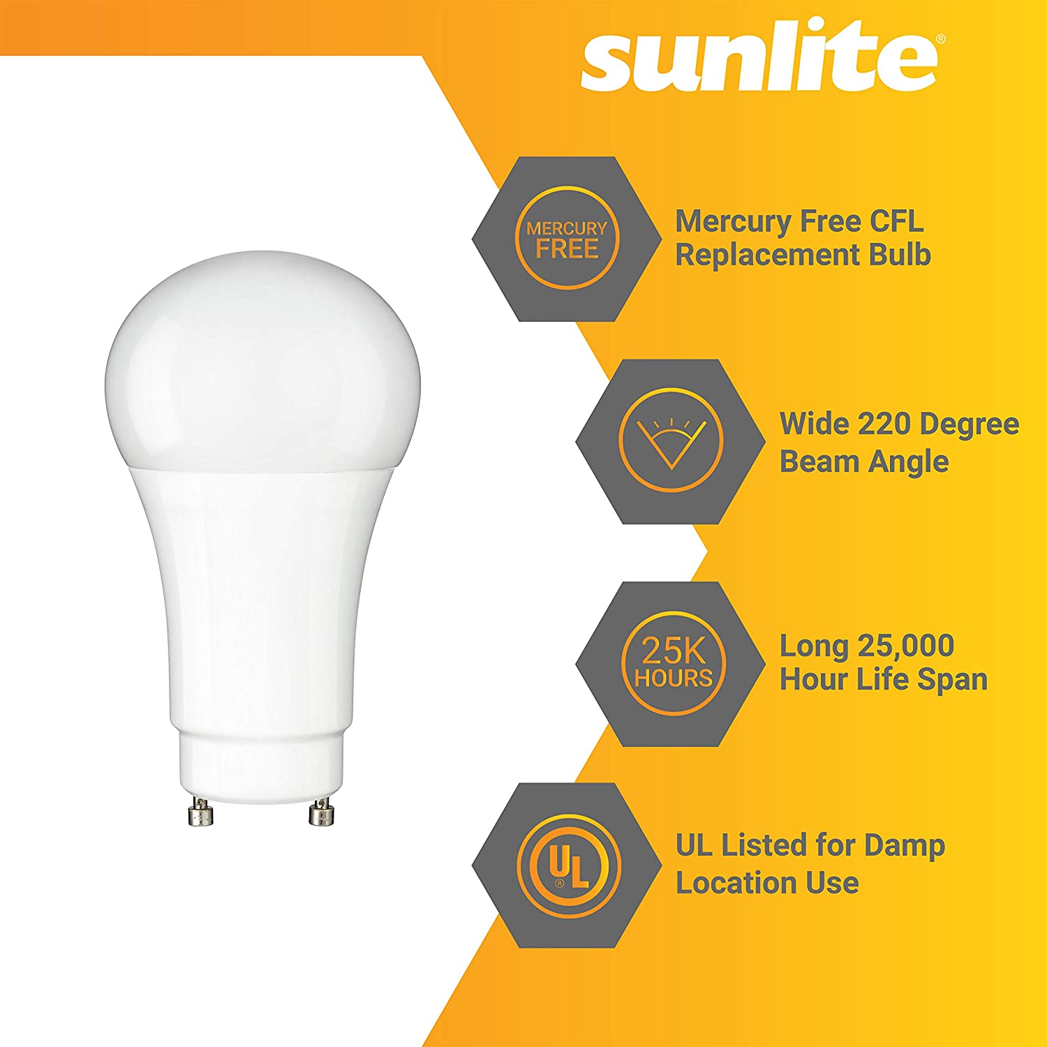 Sunlite LED A19 Light Bulb, 12 Watts (75W Equivalent), GU24 Twist and Lock Base, Dimmable,UL Listed, 5000K Super White, 6-Pack