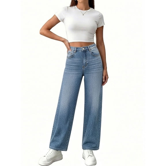 Zulora Women's High Waist Wide Leg Jeans Cuffed Hem Denim Pants Vintage Casual Straight Trousers for Spring Summer