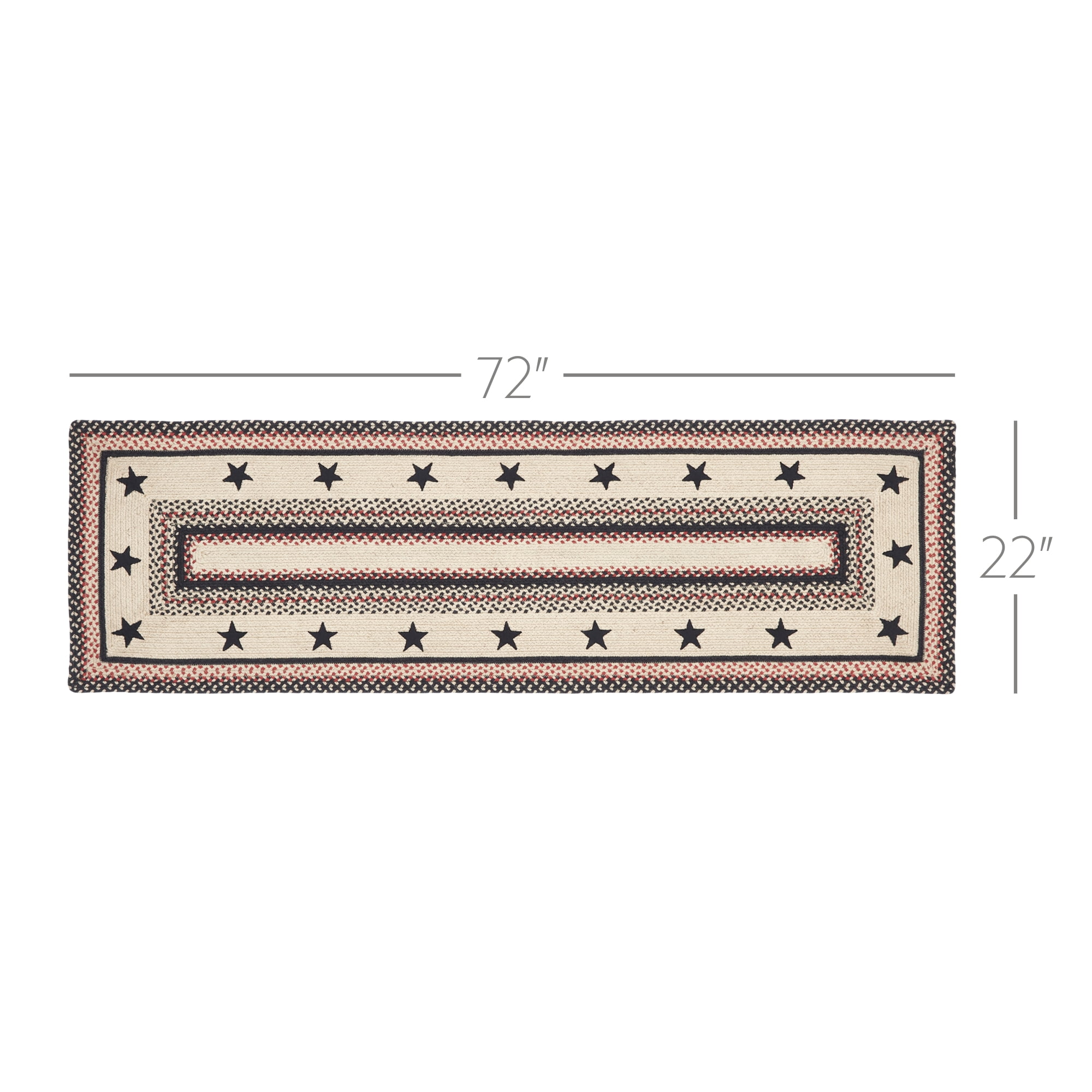 VHC Brands Colonial Star Rug Hall Runner with PVC Pad, Jute Blend, Rectangle, Tan Black Red, 22x72 inches
