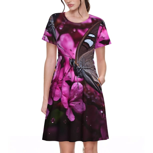 Balery Pink Blossoms Butterfly Vestidos sueltos de manga corta para mujer, vestidos de verano 2025, vestidos casuales de corte A con vuelo.
