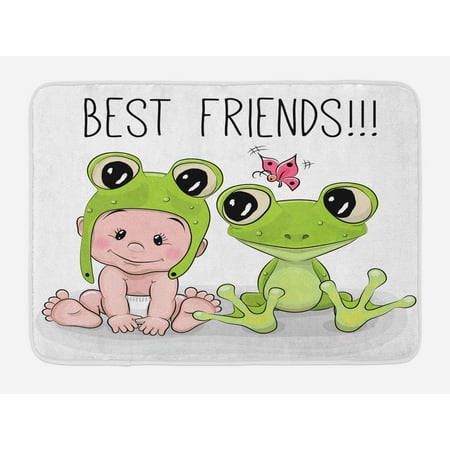 Animal Bath Mat, Cute Cartoon Baby in Froggy Hat and Frog Best Friends Love Theme Graphic, Non-Slip Plush Mat Bathroom Kitchen Laundry Room Decor, 29.5 X 17.5 Inches, Cream White Green,