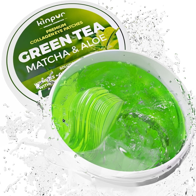 KINPUR ORGANIC COSMETICS Parches debajo de los ojos de té verde para arrugas y bolsas de los ojos - Mascarillas para los ojos para ojeras e hinchazón con ácido hialurónico de colágeno - Mascarilla deb