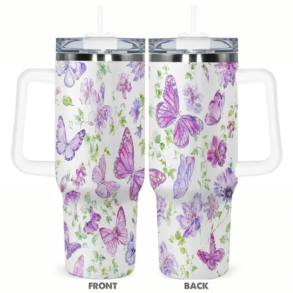 40oz Butterfly Floral Tumbler with Handle and Straw Watercolor Purple Flower Stainless Steel Insulated Travel Coffee Cup Gift for Women