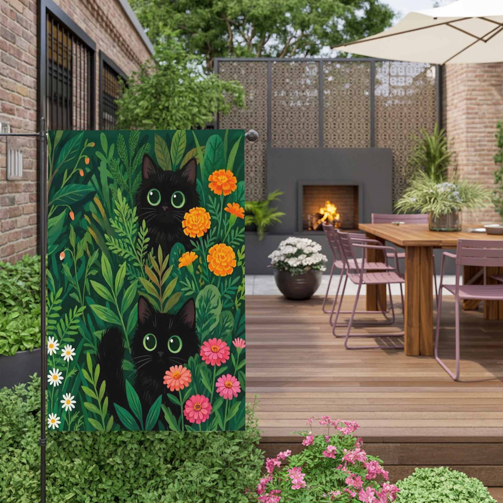 Black Cat House Flag 28 x 40 Inches, Pink Orange Flower Green Grass Spring Daisy Floral Weather Proof Outdoor Patio Flags Double Sided Small House Decoration for Yard Lawn Outside Home