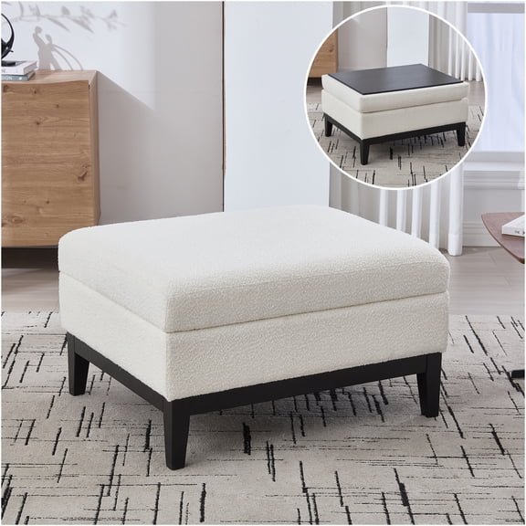 JERFIT Reversible Lid Storage Ottoman, Ivory Boucle Upholstered Coffee Table Footstool with Wood Legs for Living Room, Bedroom & Office