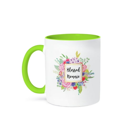 3drose, Floral Blessed Nonnie Pretty Watercolor Pink Flowers Grandma Love, 15oz Two-tone Green Mug