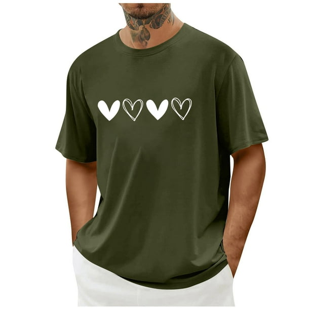 Tops para hombre, blusas y camisas de cuello redondo y manga corta para hombre. Camiseta/camisa informal de cuello redondo y manga corta con estampado de corazones para hombre. Tops de poliéster para