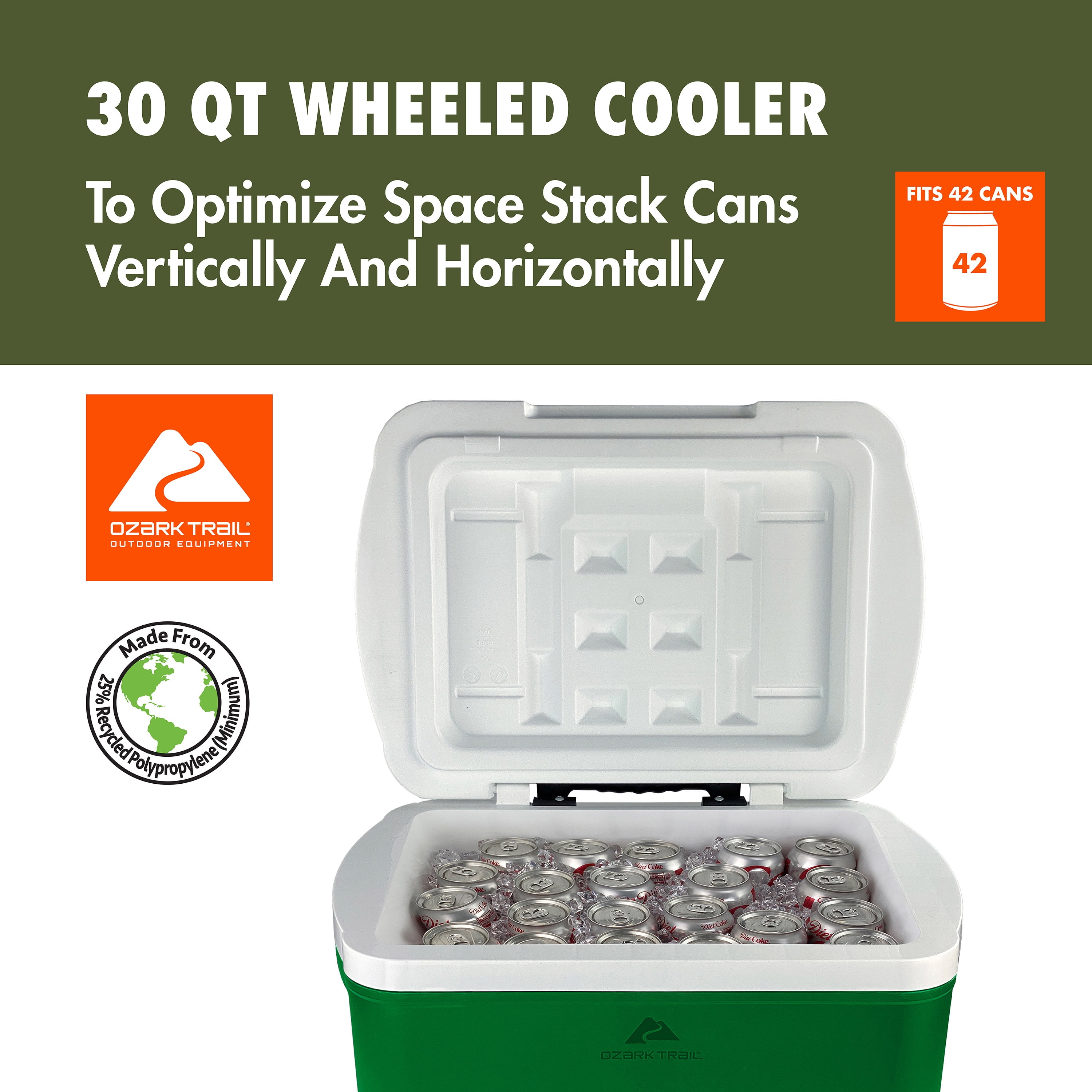 Ozark Trail 30 Quart Capacity Hard Side Wheeled Cooler, 42-Can, Bright Green