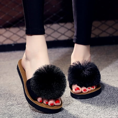 

Tangnade Womens Slippers Beach Breathable Hair Ball Sandals Home Slipper Flip-Flops Flat Shoes
