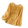 thumbnail image 2 of Elvqul Women Tshirts Yellow Long Sleeve Loose Solid Embroidered Round Neck Tops, 2 of 5
