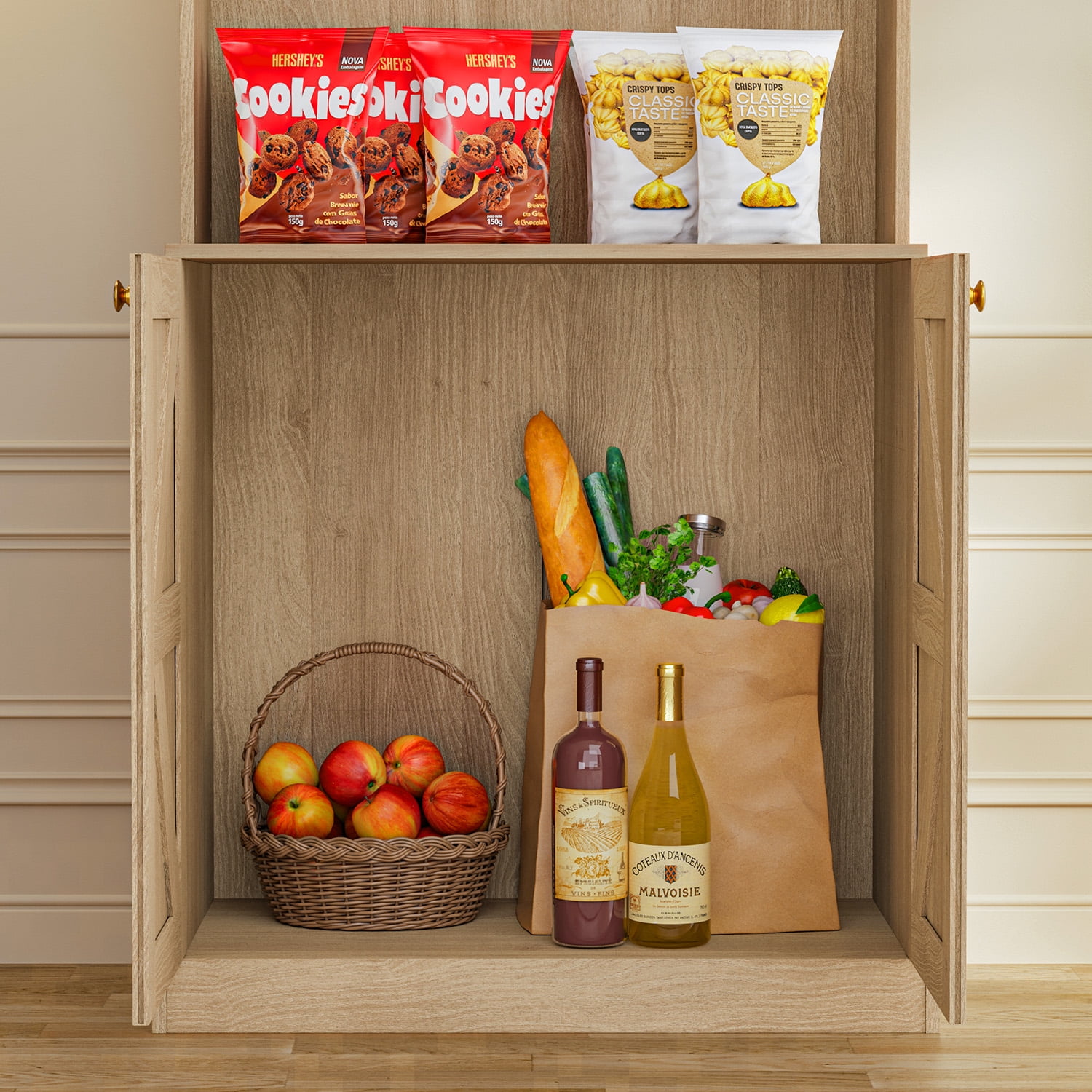 71" Kitchen Pantry Cabinet, Large Kitchen Food Hutch Storage Cabinet with Doors, Drawers & Adjustable Shelves, Tall Modern Coffee Bar with Microwave Stand for Kitchen Living Room,Brown 4PCS