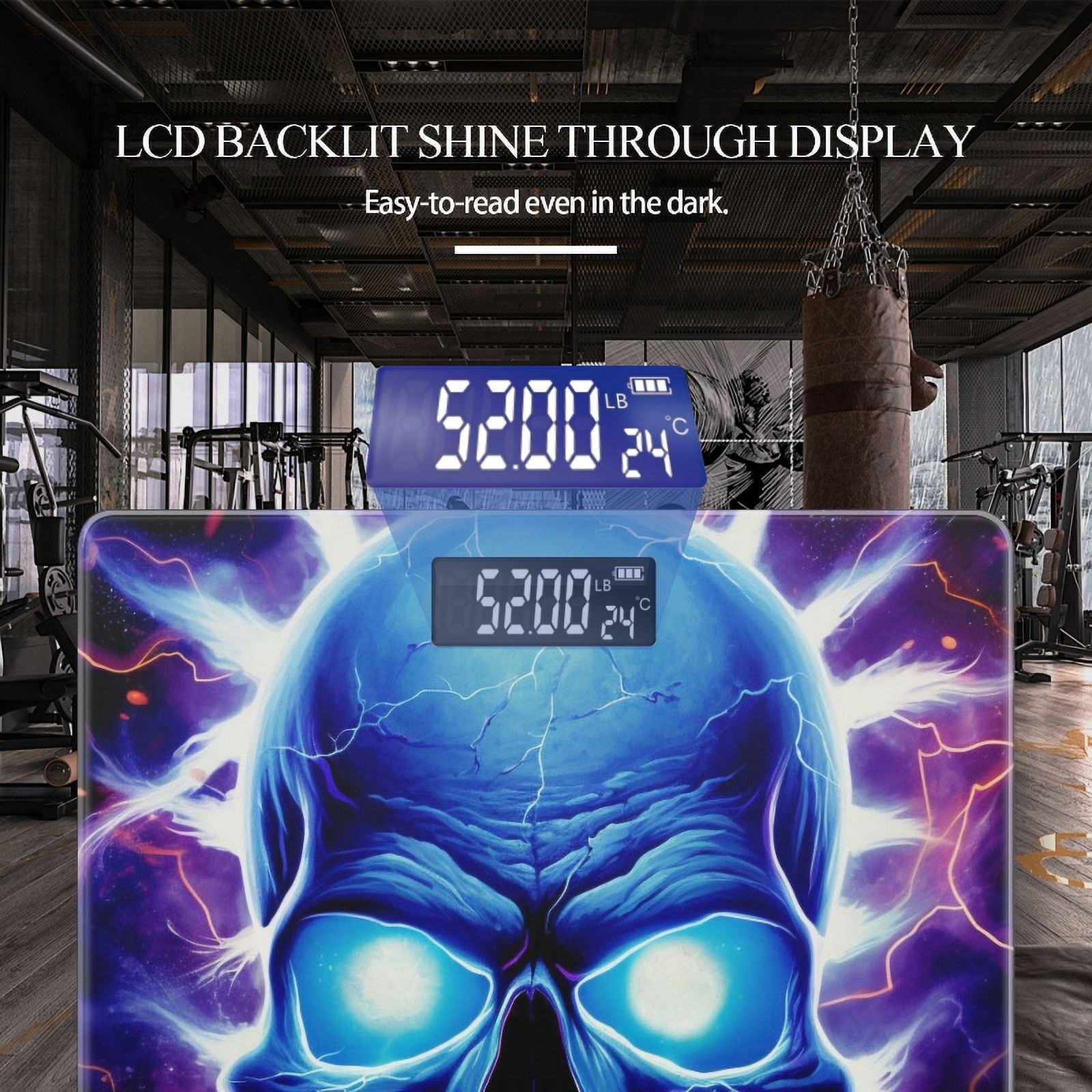 Bathroom Scale, Highly Accurate Digital Body Scale,Precisely Measures Weight up to 400 lbs-Cartoon-Style Skull With Blue Glowing Eyes
