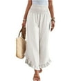 thumbnail image 2 of Women Cotton Linen Pants Summer Wide Leg Pants Smocked Waist Ruffle Hem Pant Vacation Boho Flowy Beach Pant White L, 2 of 8