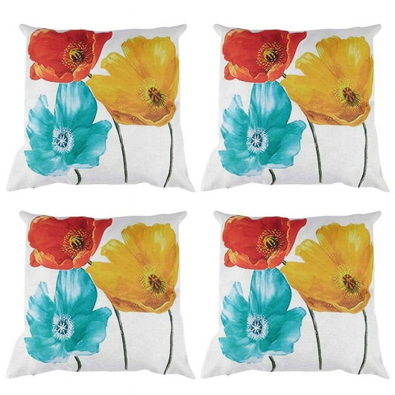 4X Flax Square Decorative Throw Pillow Enchanting Beautiful Tricolor Red Yellow Blue Flowers Gift 45X45cm