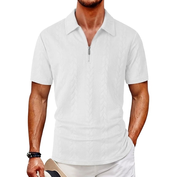 Sewkxo Men's Casual Polo Shirt Knitted Textured Short Sleeve Stretch Golf Shirt Summer Vacation Beach Collared Shirts,White S