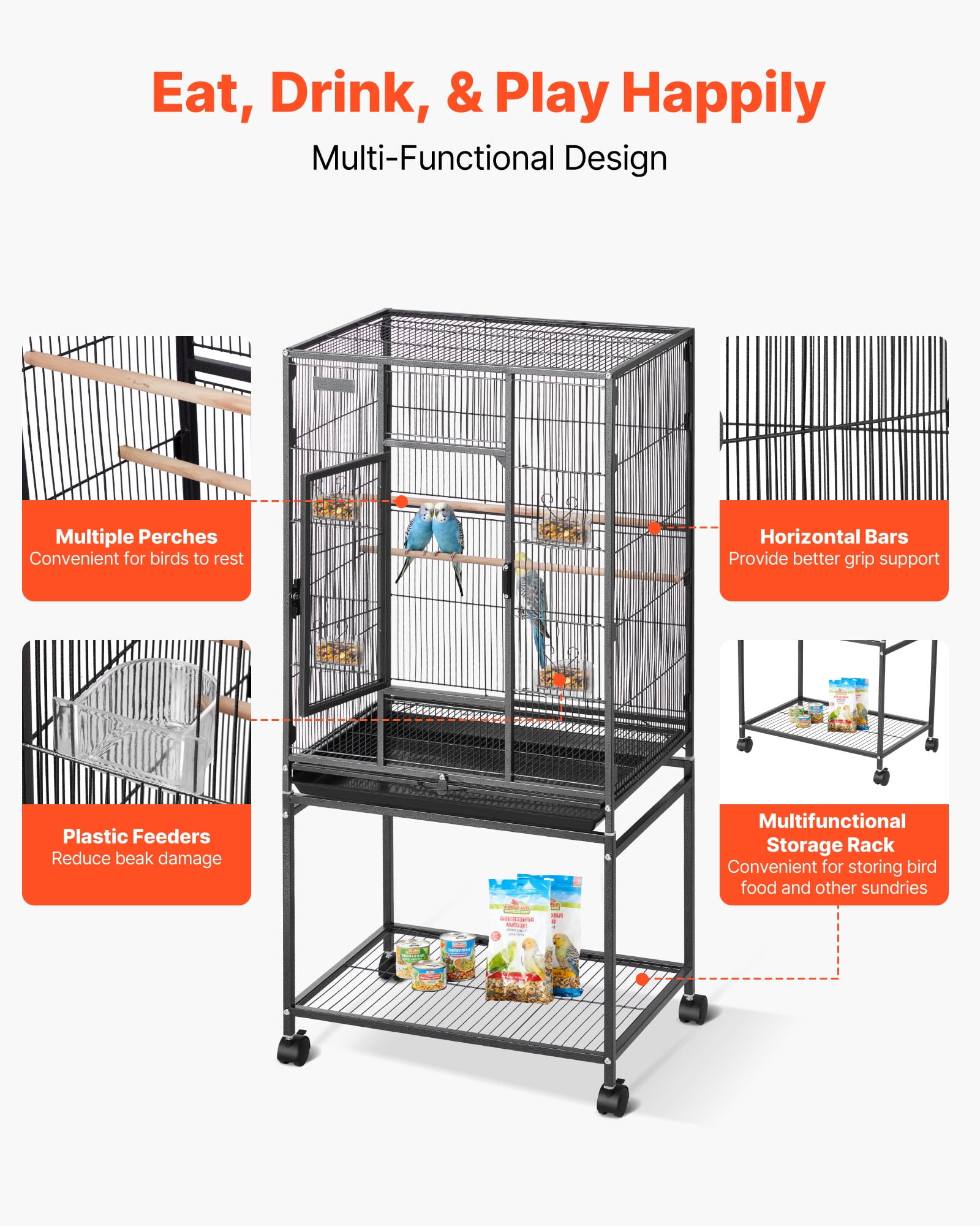 VEVOR Bird Cage, 24.6 x 16.7 x 53.9 in, Flat Top, Wrought Iron Bird Flight Cage with Perches, Slide-Out Tray and Plastic Feeders, Casters, for Parrot, Blue Tit, Cockatiel, Canary, Budgerigar, Conure