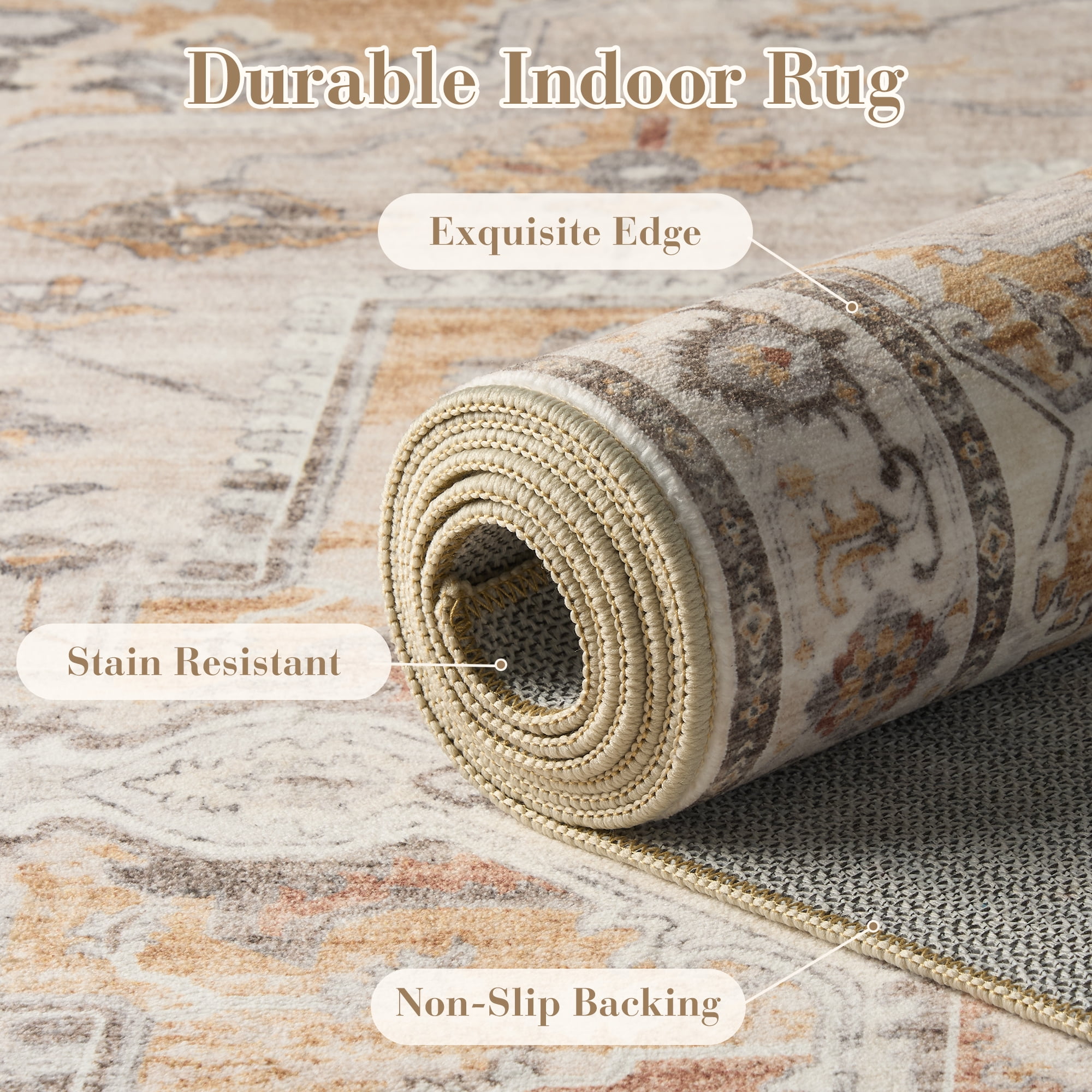 SIXHOME 4'x6' Area Rugs for Living Room Washable Traditional Distressed Carpet Non Slip Soft Retro Floral Indoor Throw Rug for Bedroom Dinning Room Vintage Orange