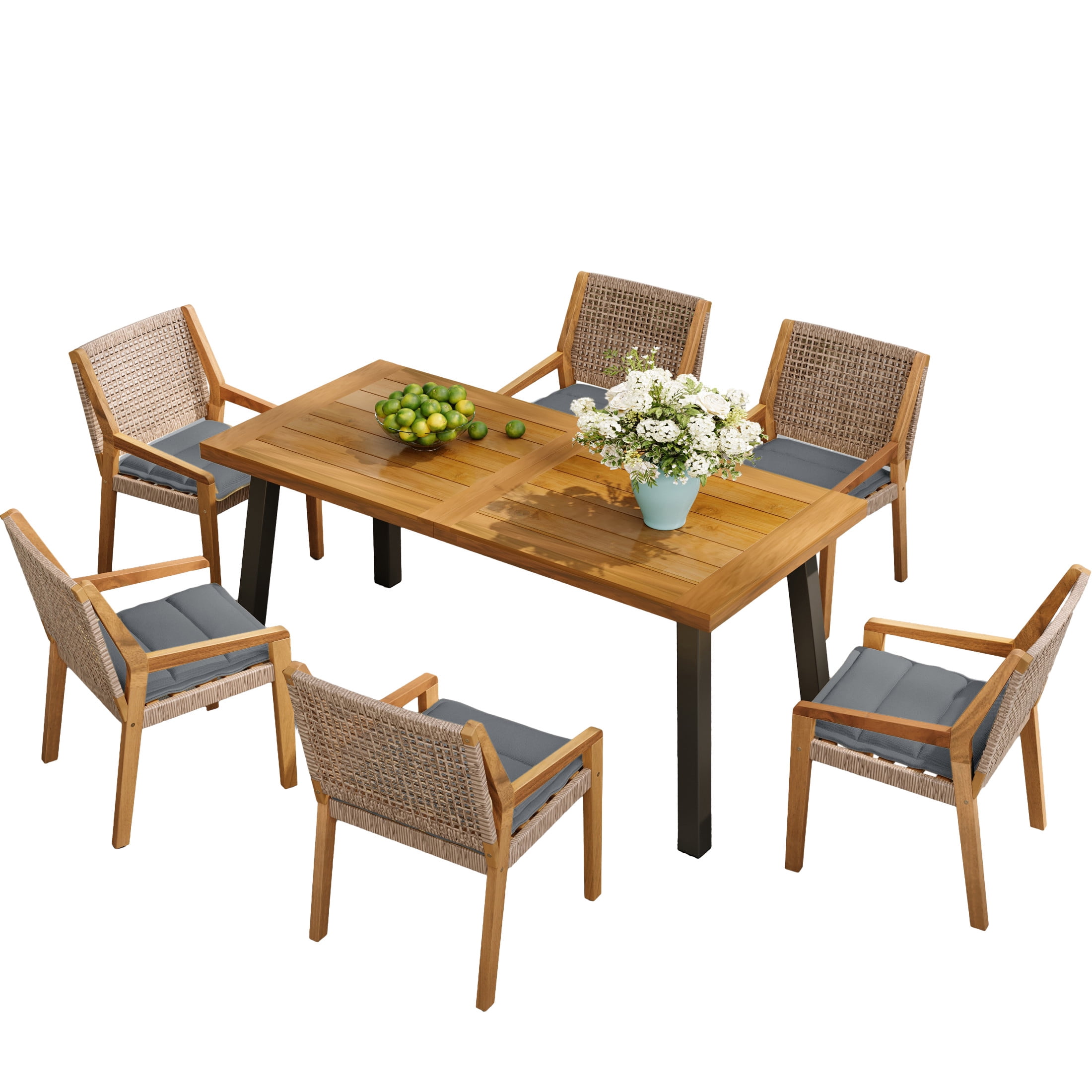 Christopher Knight Home 7PCS Rustic Outdoor Dining Set, Acacia Wood Table and Wicker Armchairs, Gray