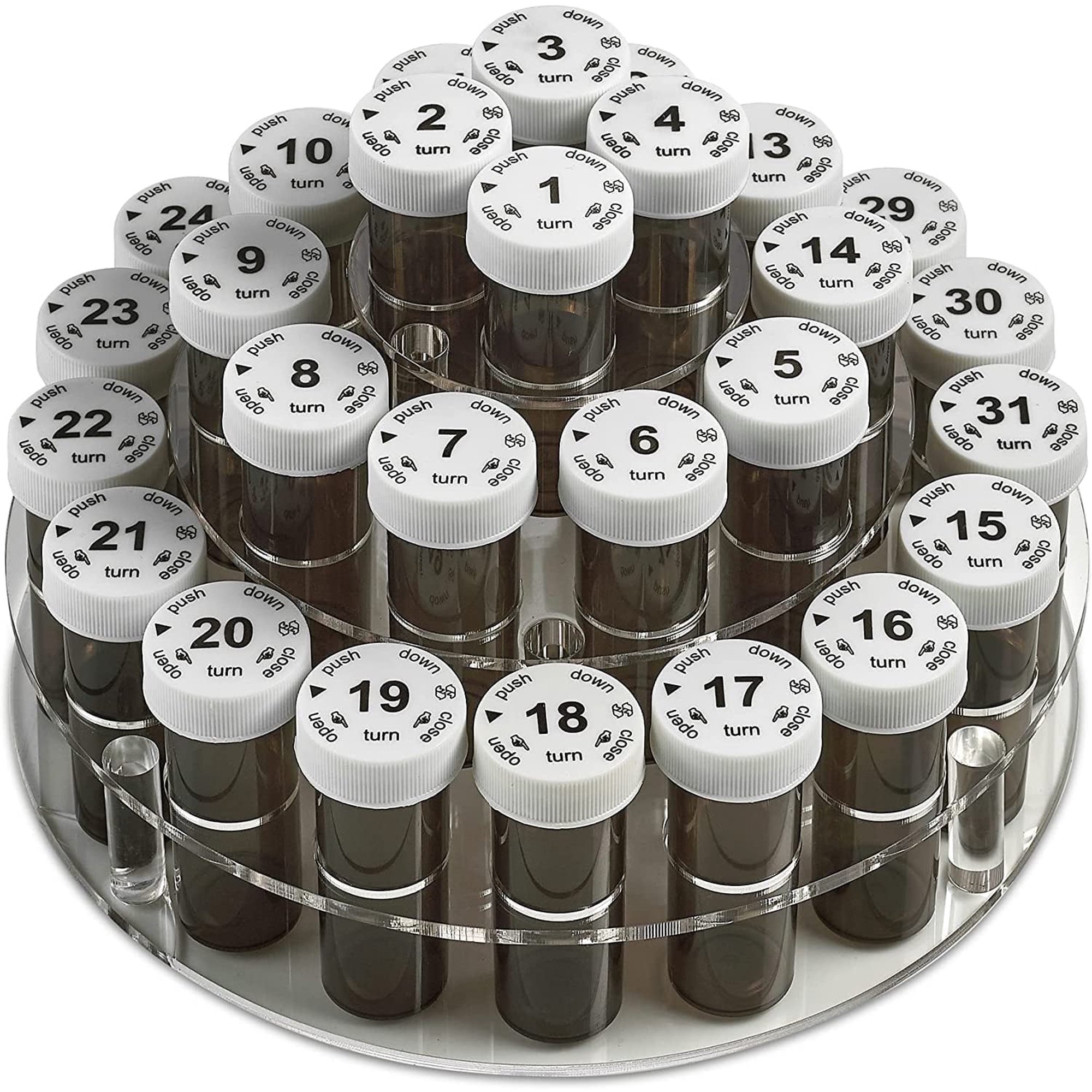 MEDca Monthly Pill Bottle Organizer - 31 Child-Proof Bottles, Acrylic Base