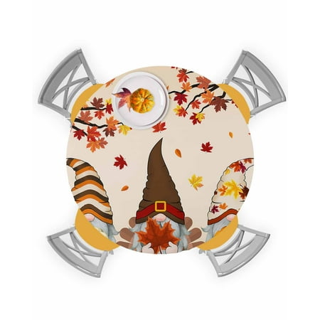 

Round Tablecloth with Elastic Thanksgiving Gnome Maple Leaves Pumpkin Waterproof Stain-proof Table Cover Wipeable Fitted Table Cloths for 45 -54 Round Tables Dining Kitchen