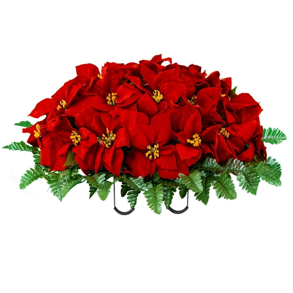 Sympathy Silks Artificial Cemetery Flowers - Realistic Vibrant Roses, Outdoor Grave Decorations - Non-Bleed Colors, and Easy Fit - Red Poinsettia Saddle for Headstone