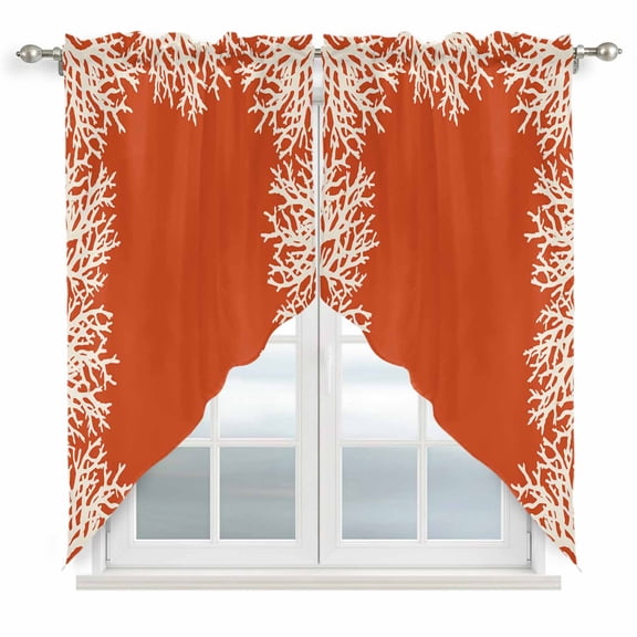 Coastal Coral Kitchen Window Curtains, Swag Curtains Valance for Bedroom Living Room Bathroom, Orange White Ocean Marine Nautical Beach Rod Pocket Window Curtain Block Drapes 2 Panels 36"x36"