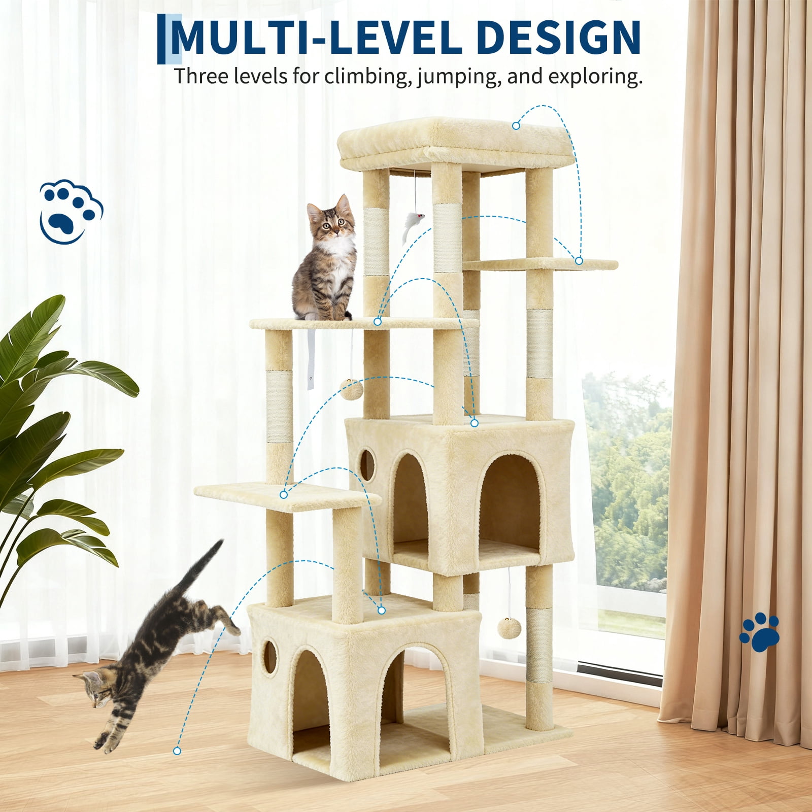 Babevy 61" Maine Coon Cat Tree, Heavy-Duty Tower with Extra-Large Perch, 2 Condos & 7 Sisal Scratching Posts for Large Indoor Cats