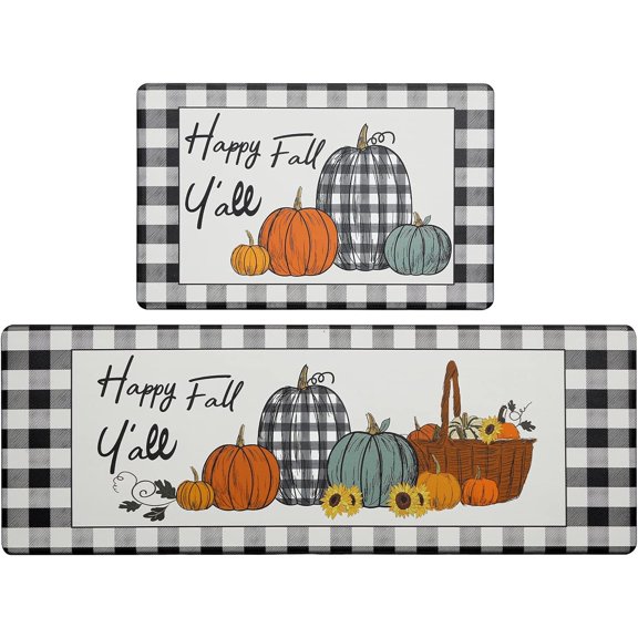 Buffalo Plaid Pumpkin Fall Kitchen Rugs Set of 2, Thick Kitchen Mats Cushioned Anti Fatigue, Non Slip Waterproof Autumn Thanksgiving Kitchen Mats Pumpkin Gnomes Kitchen Rugs and Mats Sets