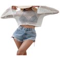 thumbnail image 3 of Women Crop Top Crochet Hollow Out Knitted Pullover See Through T-Shirts, 3 of 7