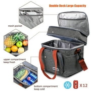 Insulated Lunch Bag for Women Men Double Deck Lunch Box, Reusable Leakproof Lunch Box Cooler Tote Bag for Work Picnic School or Travel, Double Compartment (Grey,15L )