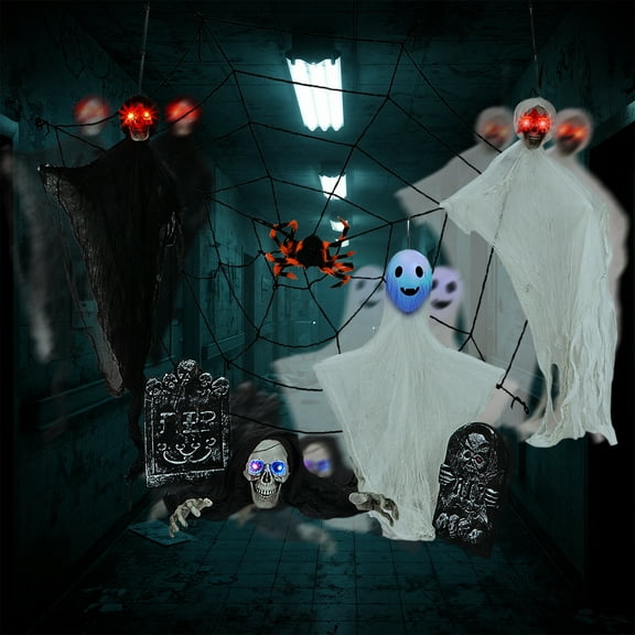 UBesGoo Halloween Hanging Ghost 8 Pcs Set Halloween Animated Decoration Set w/ Pre-Recorded Screaming, LED Eyes
