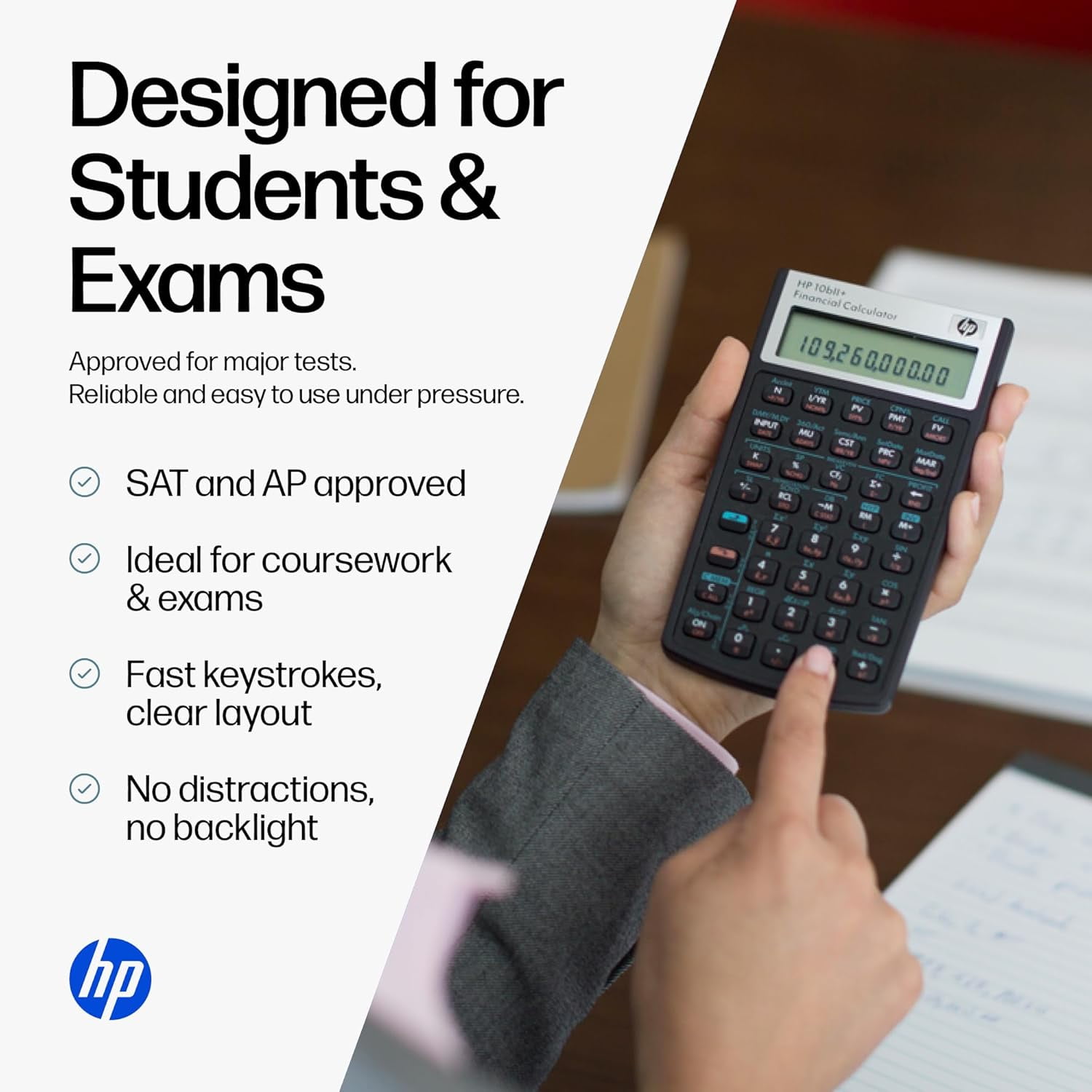 HP 10bII+ Financial Calculator, Business and Accounting Calculator with 100+ Functions, Exam Approved, Includes Case and Cloth