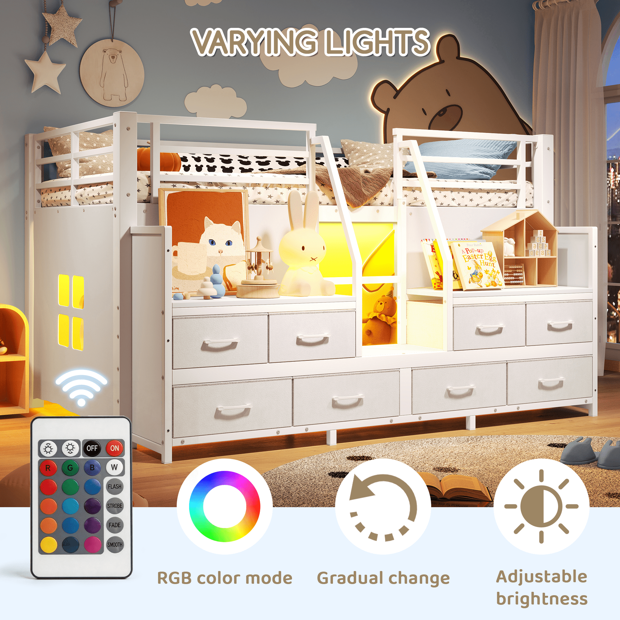 Leumius Twin Size Loft Bed with Multi-storage Spaces,Metal Low Loft Bed with Storage Drawers, Shelves,LED Lights and Independent Spaces Under Bed,No Box Spring Needed,Light White