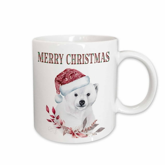 3drose, Merry Christmas with a Polar Bear in a Christmas Hat and Floral, 15oz Mug